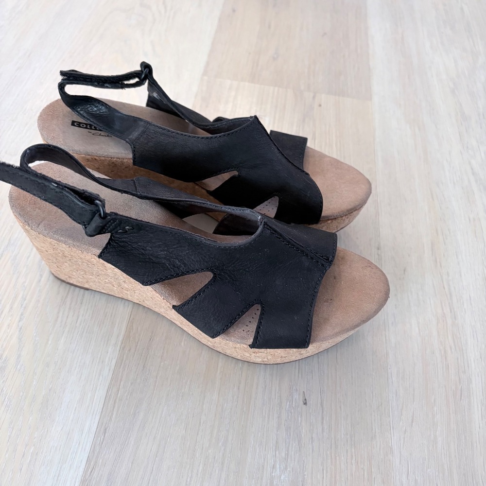 Chunky platform‎ sandals Clarks Collection Black Leather Sandals Womens 8 W Wide